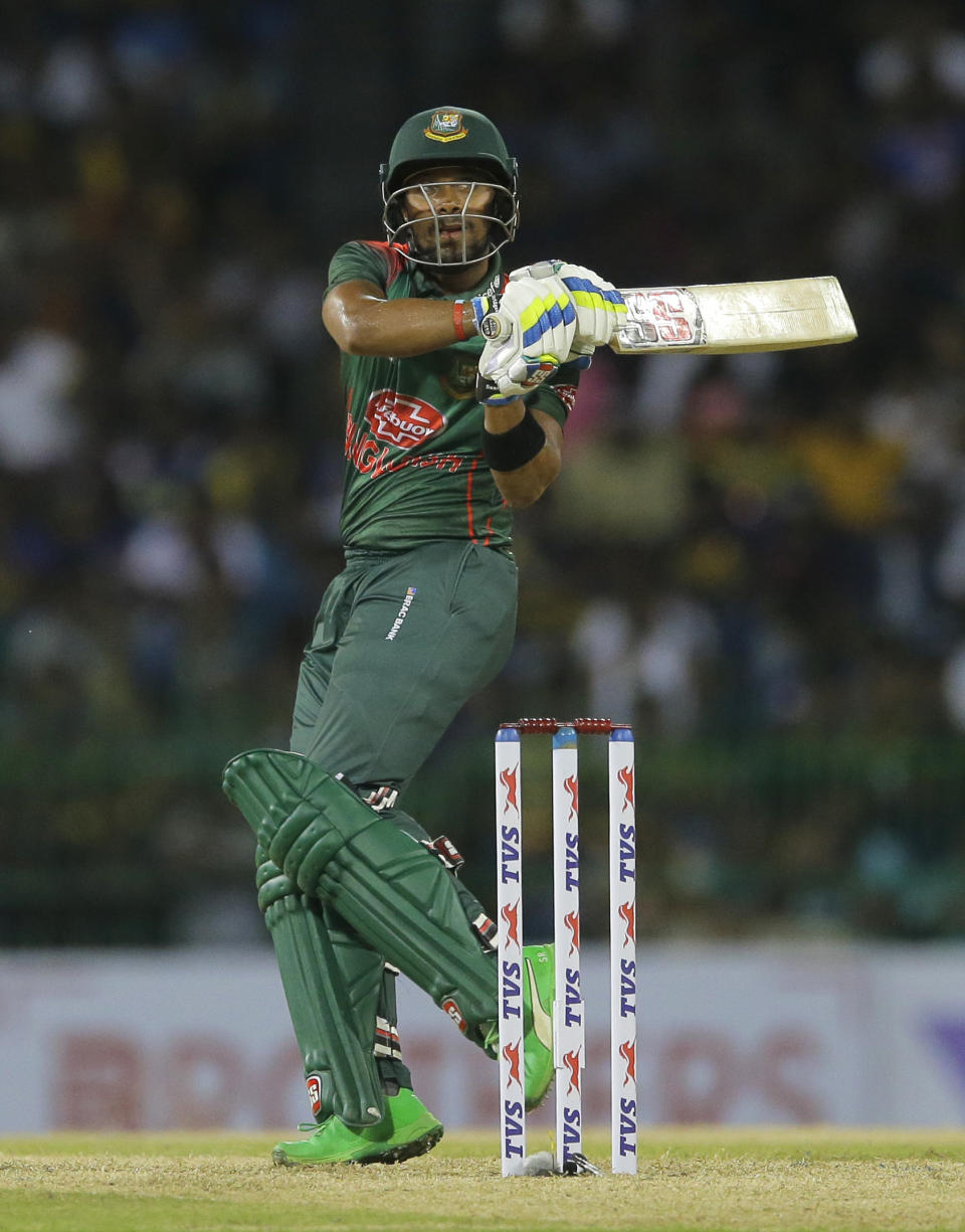 Bangladeshi batsman Sabbir Rahman plays a shot during the first one-day international cricket match between Sri Lanka and Bangladesh in Colombo, Sri Lanka, Friday, July 26, 2019. (AP Photo/Eranga Jayawardena)