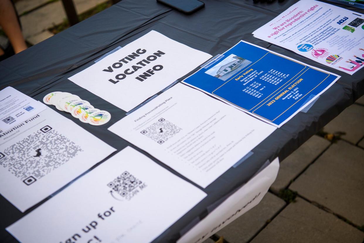 Tables with various voting information at the Monroe County Courthouse seen on Sept. 14, 2022, during the We Are Hoosiers: A Vigil for Reproductive Freedom demonstration before the near total abortion ban went into effect on Sept. 15, 2022.