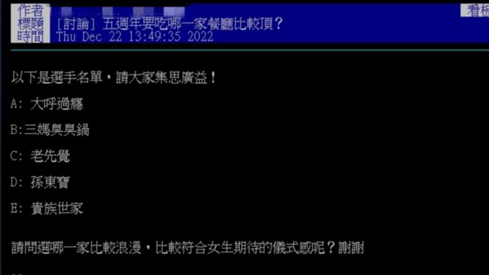 原PO列了五家餐廳，問網友「哪家比較頂？」。（圖／翻攝自PTT）