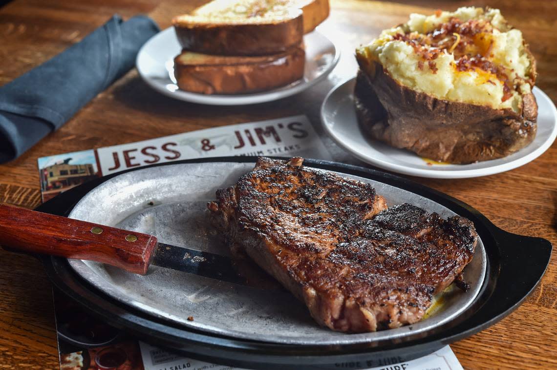 Jess & Jim’s Steak House is known for premium steaks like this 16-ounce ribeye, huge, twice-baked potatoes and garlic toast. The family-owned restaurant has been in business since 1938. 