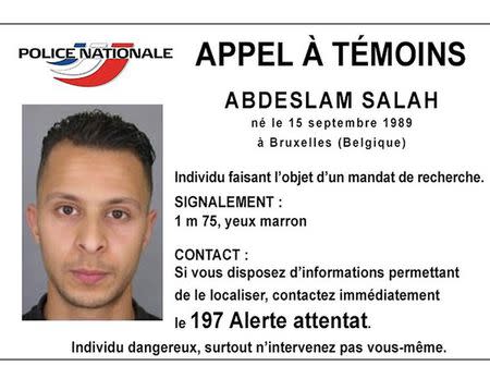 Handout picture shows Belgian-born Abdeslam Salah seen on a call for witnesses notice released by the French Police Nationale information services on their twitter account November 15, 2015. REUTERS/Police Nationale/Handout via Reuters