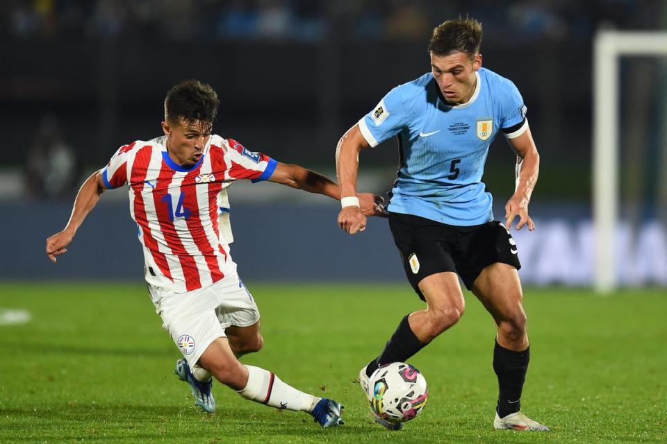 Manuel Ugarte played twice for Uruguay during the international break (AFP via Getty Images)