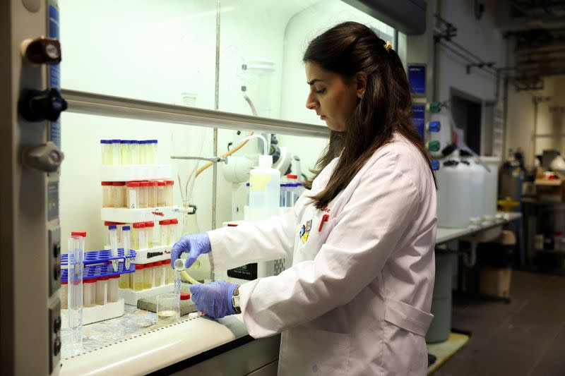 Doctoral student Leen Dirani, works inside a lab at the American University of Beirut where collected soil from southern Lebanon is being tested for residues of white phosphorous, in Beirut