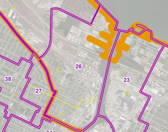 Proposed new city of Green Bay ward maps show how the new Ward 26 and 27 outlines, shown in purple, compare to the current ward outlines, shown in yellow.