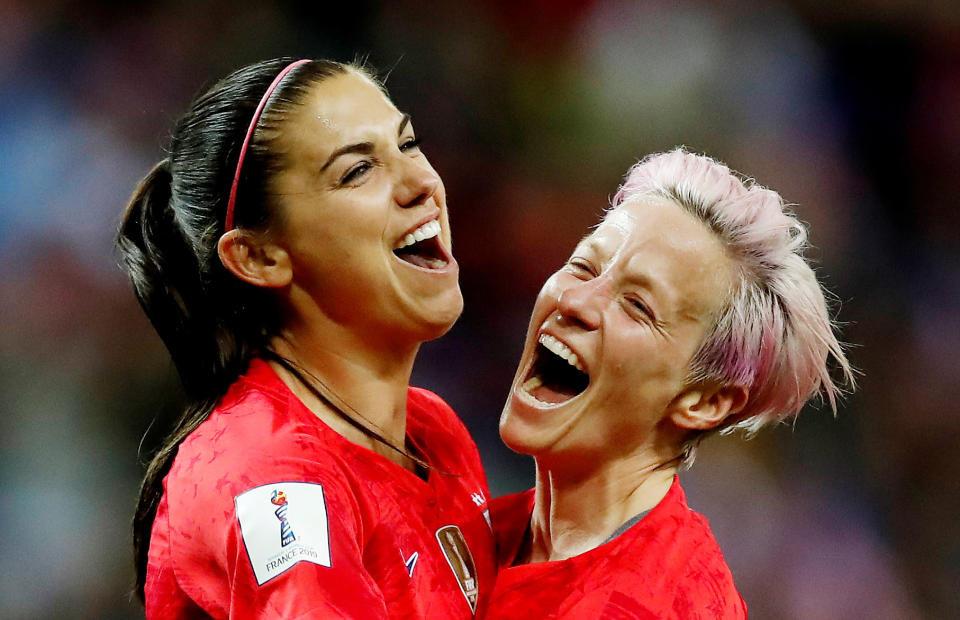 Soccer Football - Women's World Cup - Group F - United States v Thailand - Stade Auguste-Delaune, Reims, France - June 11, 2019  Alex Morgan of the U.S. celebrates scoring their twelfth goal with Megan Rapinoe  REUTERS/Christian Hartmann