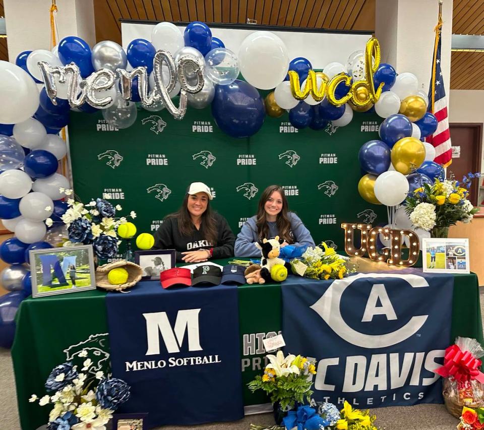 Pitman High student athletes Ella Underwood and Rylee Reeves signed to continue their academic and softball careers at Menlo College and UC Davis, respectively, on Thursday, Nov. 16, 2023 at Pitman High School.