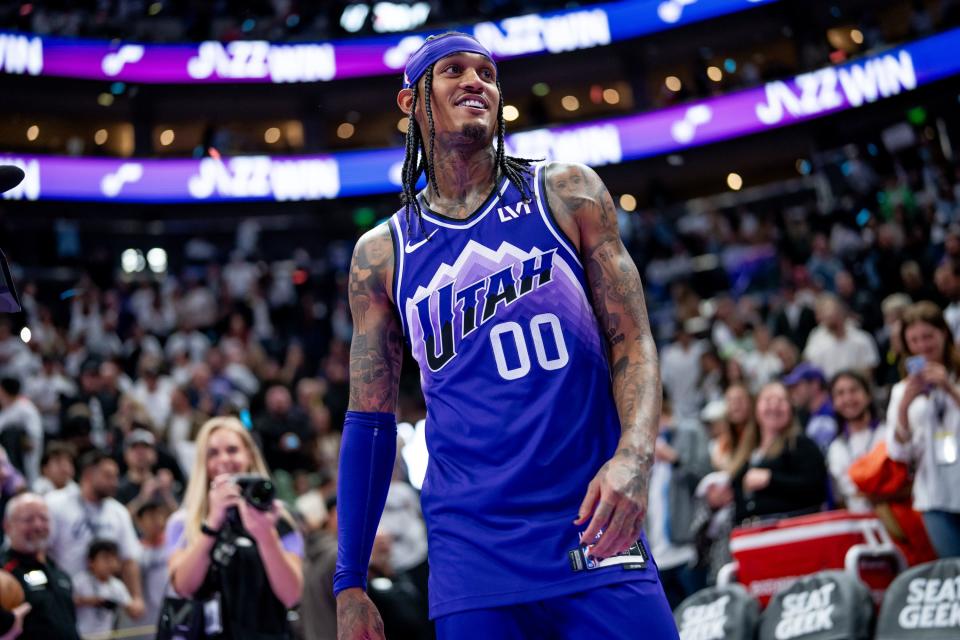 Utah Jazz guard Jordan Clarkson (00) smiles after the Jazz defeated the Portland Trail Blazers during the game at the Delta Center in Salt Lake City on Tuesday, Nov. 14, 2023.