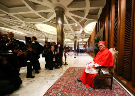 Newly elevated Cardinal Anders Arborelius sits before meeting friends and relatives after taking part in the Consistory at the Vatican, June 28, 2017. REUTERS/Alessandro Bianchi