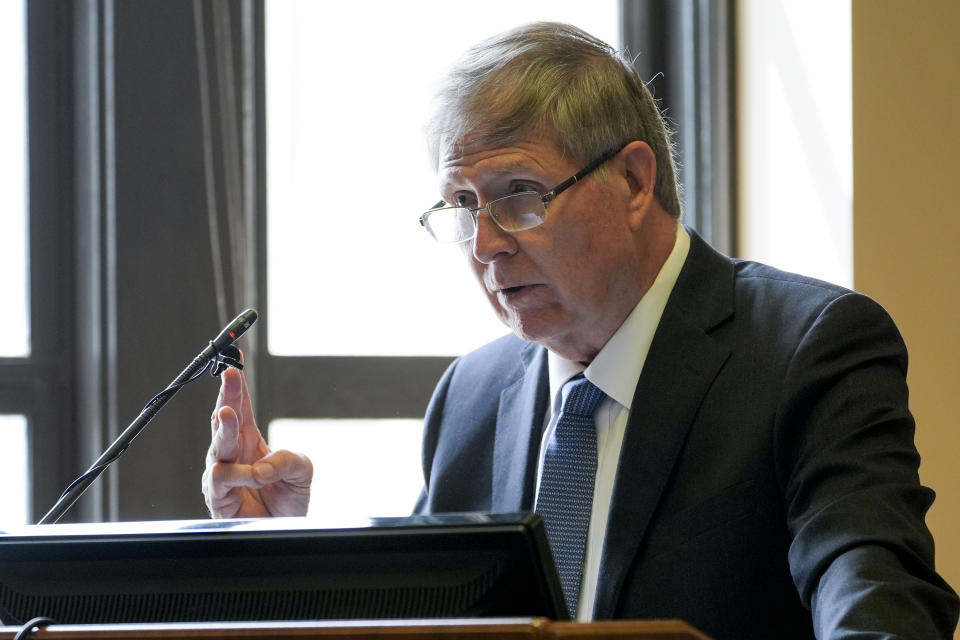 Attorney Douglas Pierce argues for the release of the Covenant School shooter's journals of during a hearing to decide whether the documents can be released to the public Tuesday, April 16, 2024, in Nashville, Tenn. (AP Photo/George Walker IV)