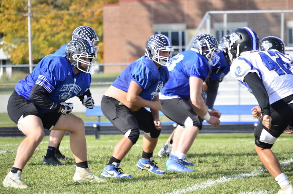 Centerville's offensive line practices ahead of the first round of sectional play against Lawrenceburg, Wednesday, Oct. 18, 2023.