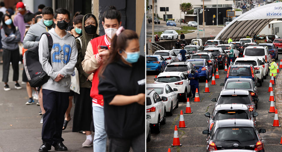 Members of the public queue in their cars to take Covid19 PCR tests at a clinic at Bondi Beach in Sydney, Tuesday, December 28, 2021. 