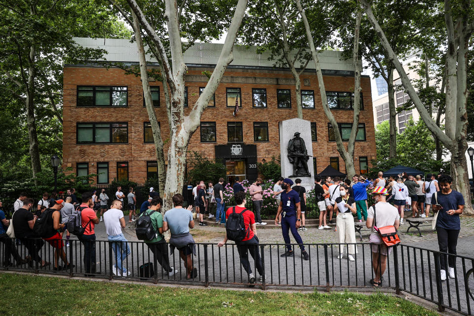 People lined up outside of Department of Health & Mental Hygiene clinic on June 23, 2022 in New York, as NYC makes vaccines available to residents possibly exposed to monkeypox. (Tayfun Coskun / Anadolu Agency via Getty Images)