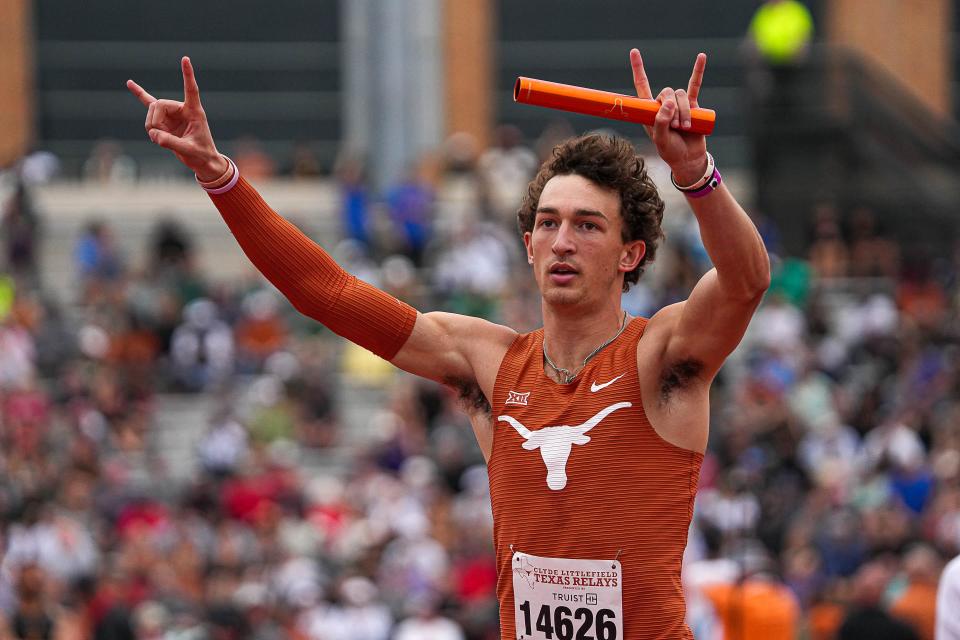 Sophomore John Rutledge celebrates the Longhorns' win in the men's 400-meter relay on Saturday, the final day of the annual Texas Relays at Myers Stadium. "I'm setting (Rutledge) up to be a star," UT coach Edrick Floréal said.