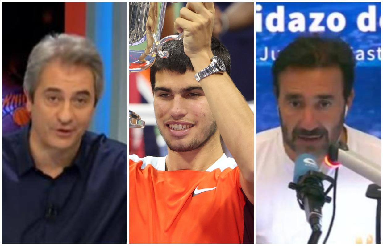 Manolo Lama, Carlos Alcaraz con su trofeo de campeón de Roland Garros y Juanma Castaño. (Foto: Gol Televisión / Jean Catuffe / Getty Images / Trece TV).