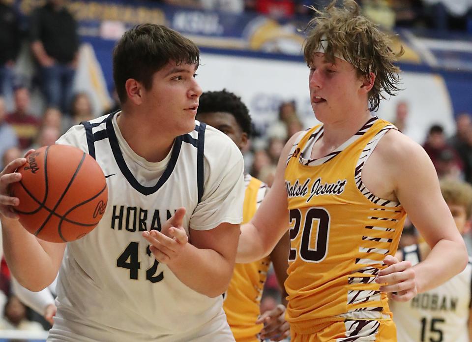 Hoban's Sam Greer looks to pass as Walsh Jesuit's Zach Halligan defends during the Div. I regional final boys basketball game at Kent State University's MAC Center on Friday. Hoban beat Walsh 56-37.