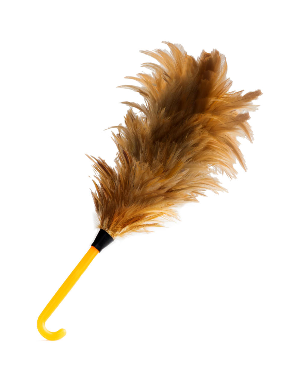 A feather duster with yellow handle