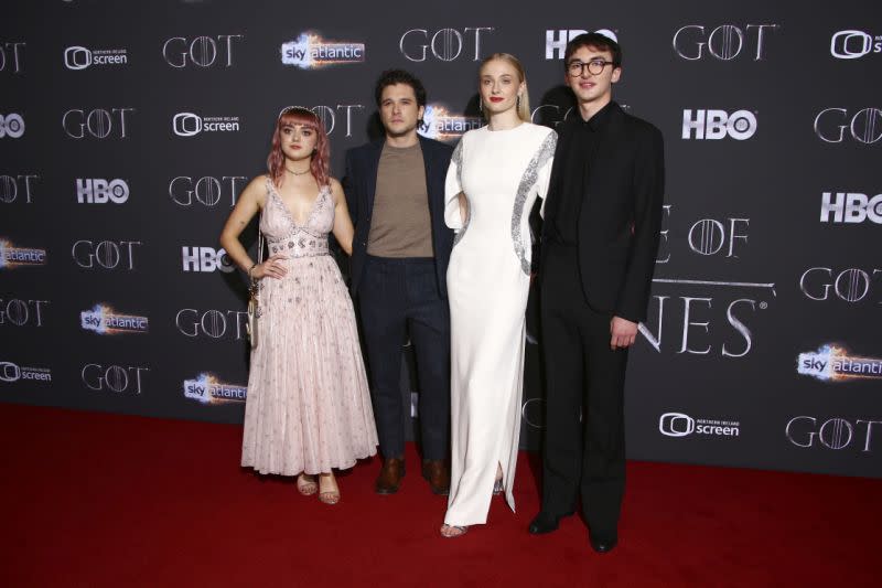 Actors Maisie Williams, from left, Kit Harington, Sophie Turner and Isaac Hempstead pose for photographers at the premiere of season eight of the television show 'Game of Thrones' in Belfast, Northern Ireland, Friday, April 12, 2019. (Photo by Joel C Ryan/Invision/AP)