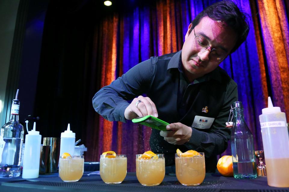 Justin Corriss, sommelier and front of the house manager at Raleigh Wine Bar & Eatery, won the Cocktail Challenge with his drink, The Shipbuilder's Punch, during the Restaurant Week Kickoff at Jimmy's Jazz and Blues Club on Wednesday, April 20, 2022.