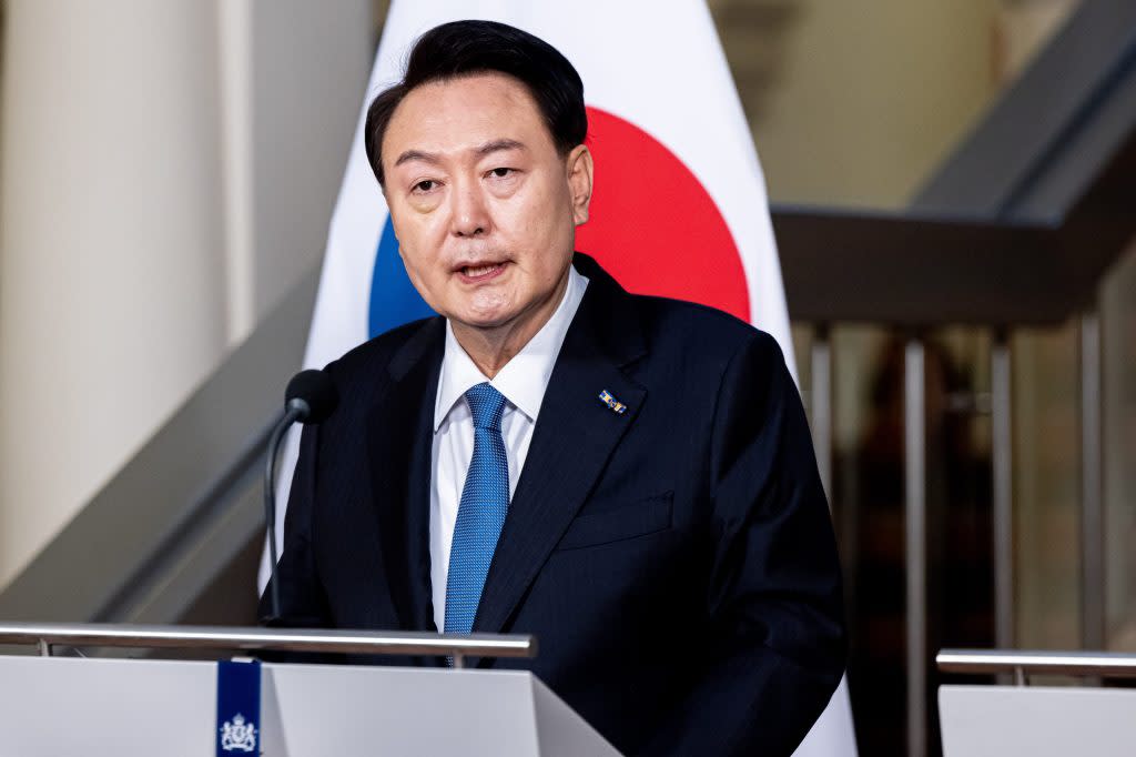 THE HAGUE, NETHERLANDS - DECEMBER 13: President of the Republic of Korea Yoon Suk Yeol during a press conference at Binnenhof on December 13, 2023 in The Hague, Netherlands. (Photo by Patrick van Katwijk/WireImage)