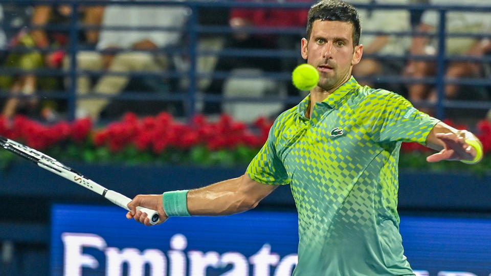 Novak Djokovic lines up a forehand.