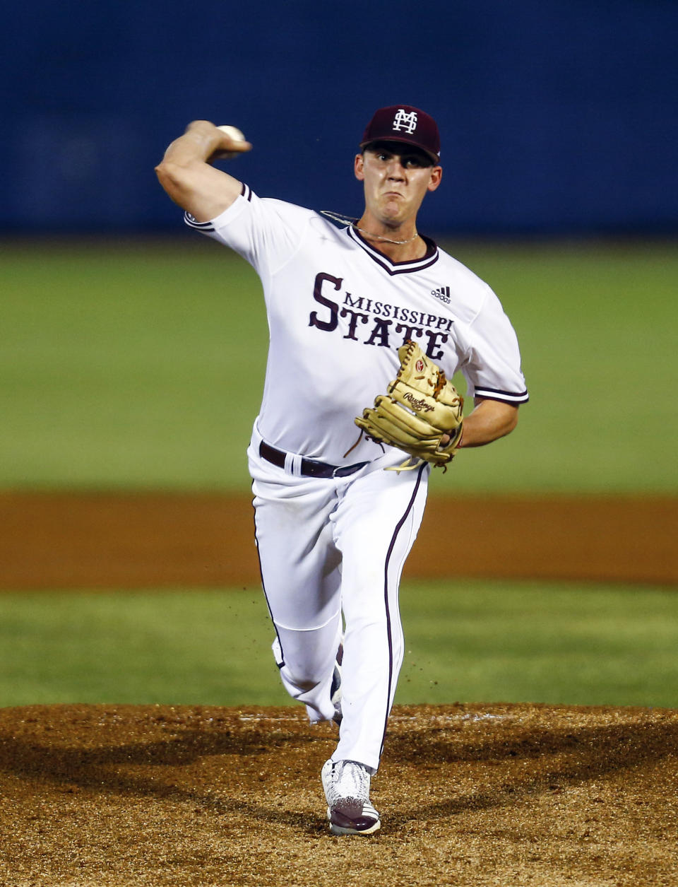 Mississippi State's Brandon Smith throws a pitch during the first inning of a Southeastern Conference tournament NCAA college baseball game against LSU, Wednesday, May 22, 2019, in Hoover, Ala. (AP Photo/Butch Dill)