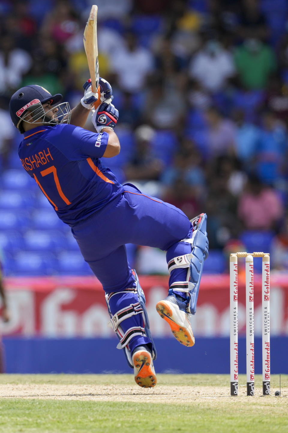 India's Rishabh Pant hits a six against West Indies during the second T20 cricket match at Warner Park in Basseterre, St. Kitts and Nevis, Monday, Aug. 1, 2022. (AP Photo/Ricardo Mazalan)