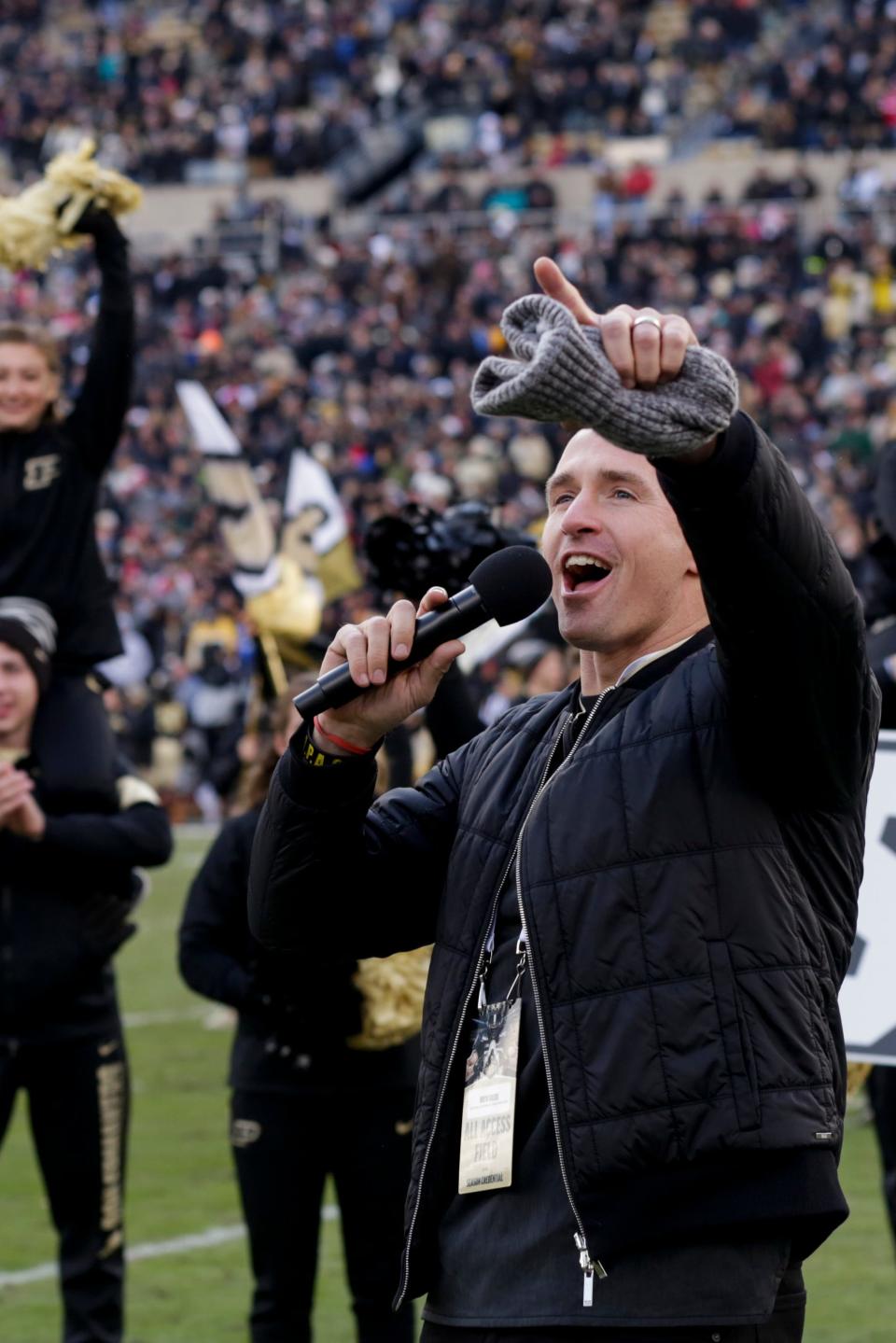 Purdue alumn and NFL quarterback Drew Brees leads the fourth quarter "Shout", Saturday, Nov. 2, 2019 at Ross-Ade Stadium in West Lafayette.