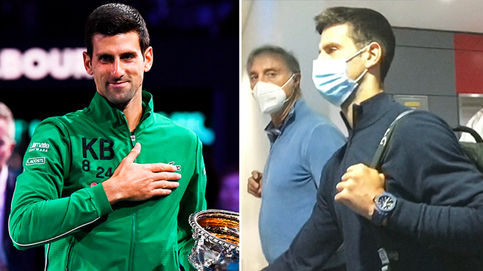 Novak Djokovic (pictured left) with the Australian Open trophy and (pictured right) Djokovic at the airport.