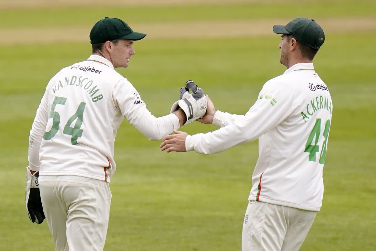 Leicestershire’s Peter Handscomb (left) celebrates the wicket of Yorkshire’s James Wharton (not pictured) with team mate Colin Ackermann (right), during day one of the LV= Insurance County Championship Division Two match at Headingley Stadium, Yorkshire. Picture date: Thursday April 6, 2023. (PA Wire)