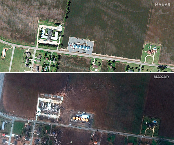 Satellite photos provided by Maxar show an overview of Monette Manor Nursing Home and other homes in Monette, Arkansas, on February 22, 2021, and December 11, 2021. / Credit: Satellite image ©2021 Maxar Technologies via AP