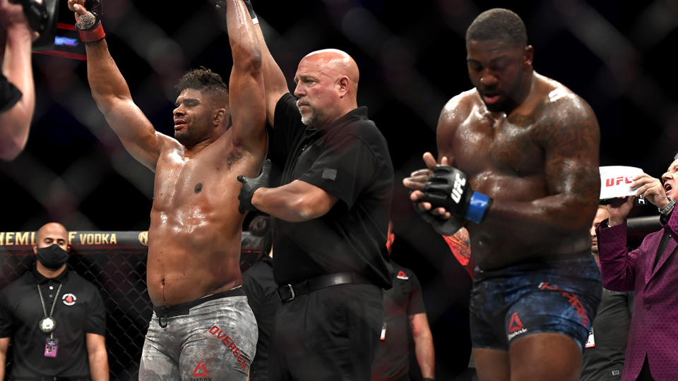 Alistair Overeem, pictured here celebrating after defeating Walt Harris at UFC Fight Night in Jacksonville.