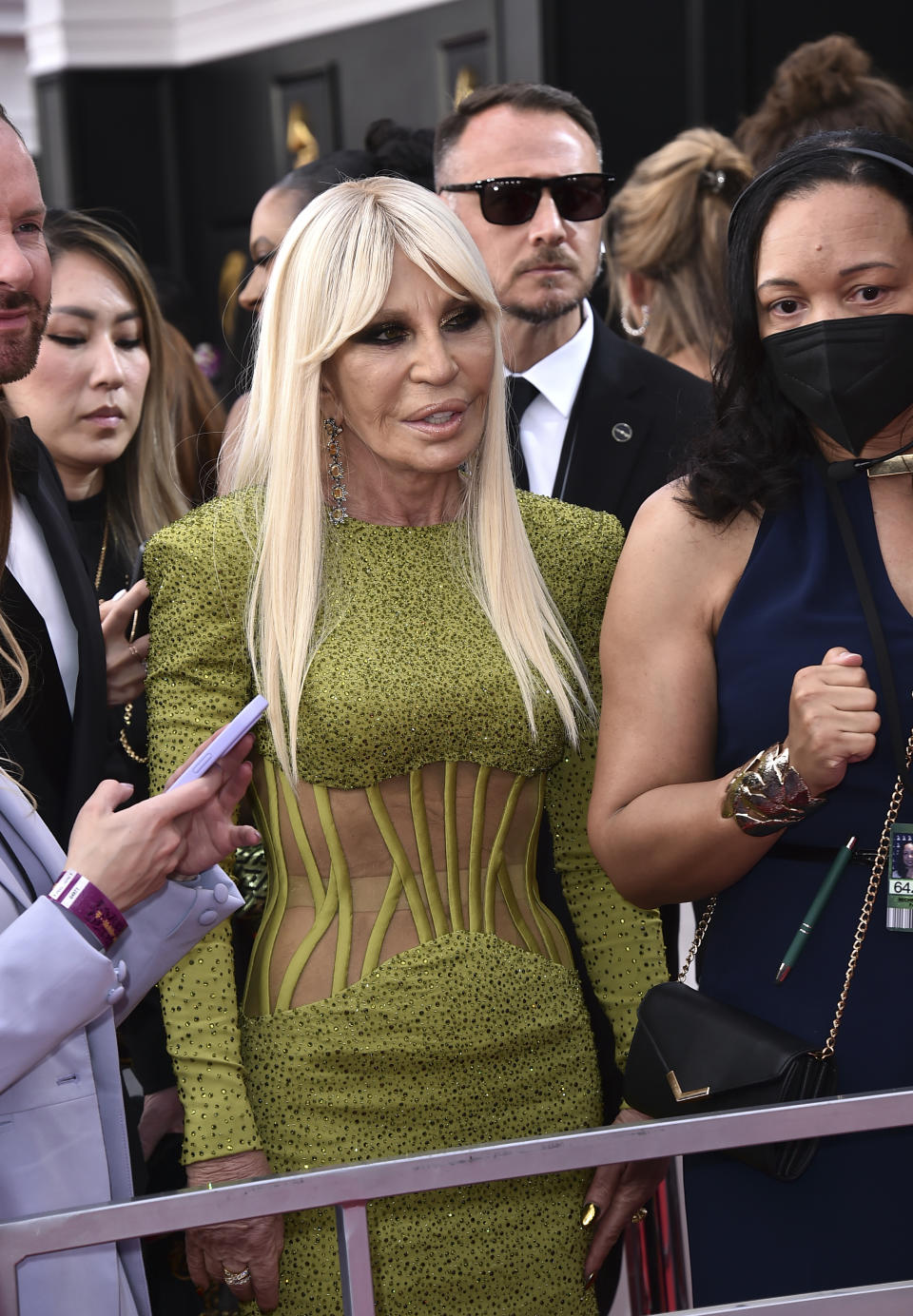 Donatella Versace arrives at the 64th Annual Grammy Awards at the MGM Grand Garden Arena on Sunday, April 3, 2022, in Las Vegas. (Photo by Jordan Strauss/Invision/AP)