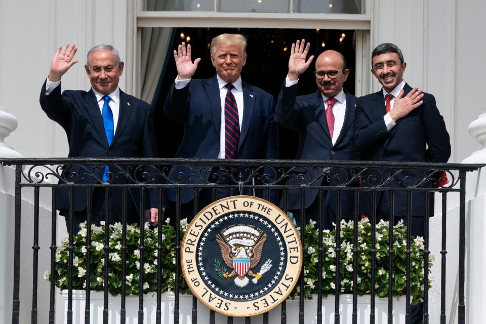 In this Tuesday, Sept. 15, 2020 file photo, Israeli Prime Minister Benjamin Netanyahu, left, U.S. President Donald Trump, Bahrain Foreign Minister Khalid bin Ahmed Al Khalifa and United Arab Emirates Foreign Minister Abdullah bin Zayed al-Nahyan pose for a photo on the Blue Room Balcony after signing the Abraham Accords during a ceremony on the South Lawn of the White House in Washington.