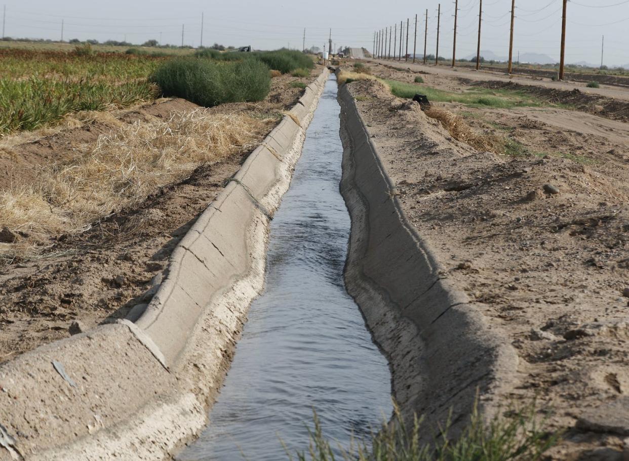 <span class="caption">Colorado River water flows through a canal that feeds farms in Casa Grande, Ariz., on July 22, 2021. </span> <span class="attribution"><a class="link " href="https://newsroom.ap.org/detail/ColoradoRiver-Drought-Farmers/04d2f3907a06491393db2a823720f137/photo" rel="nofollow noopener" target="_blank" data-ylk="slk:AP Photo/Darryl Webb;elm:context_link;itc:0;sec:content-canvas">AP Photo/Darryl Webb</a></span>