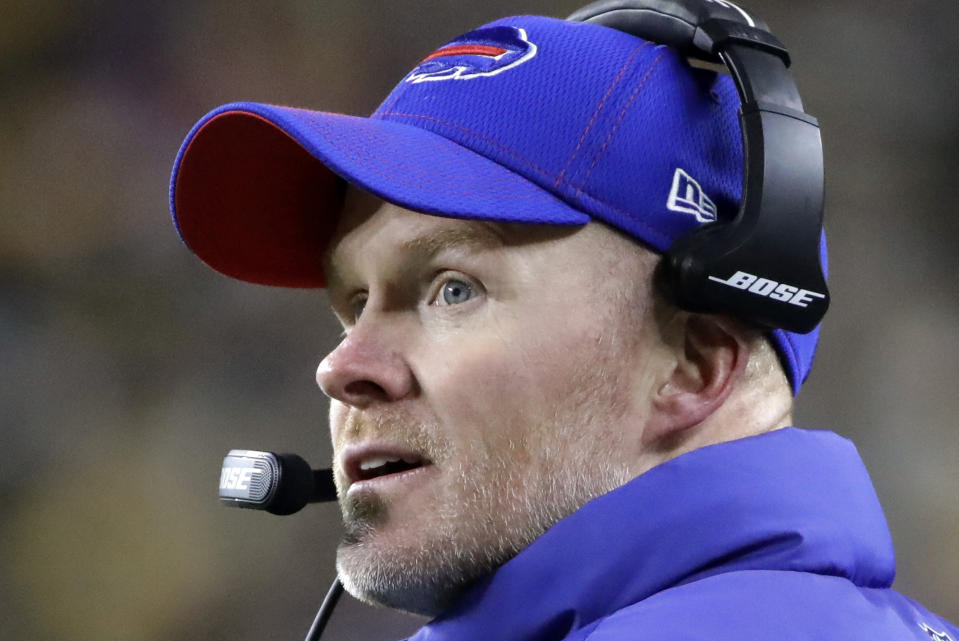 Buffalo Bills head coach Sean McDermott looks at the scoreboard during the second half of an NFL football game against the Pittsburgh Steelers in Pittsburgh, Sunday, Dec. 15, 2019. (AP Photo/Don Wright)