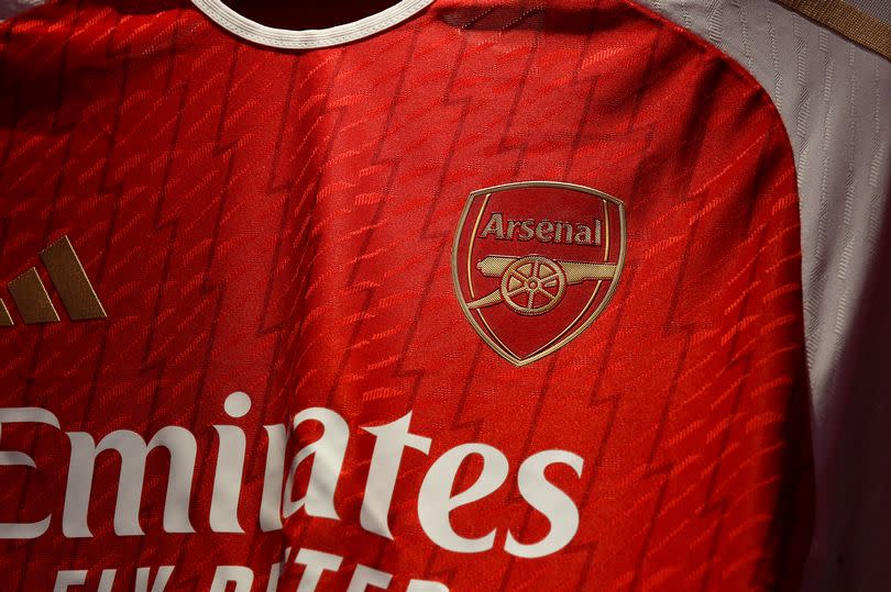 A detailed view of an Arsenal jersey inside the Arsenal dressing room prior to the UEFA Champions League match between Arsenal FC and Sevilla FC at Emirates Stadium on November 08, 2023 in London, England. (Photo by Stuart MacFarlane/Arsenal FC via Getty Images)
