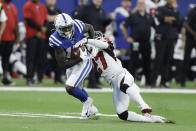 Indianapolis Colts wide receiver Parris Campbell (15) breaks out of a tackle from Atlanta Falcons strong safety Damontae Kazee (27) during the first half of an NFL football game, Sunday, Sept. 22, 2019, in Indianapolis. (AP Photo/Darron Cummings)