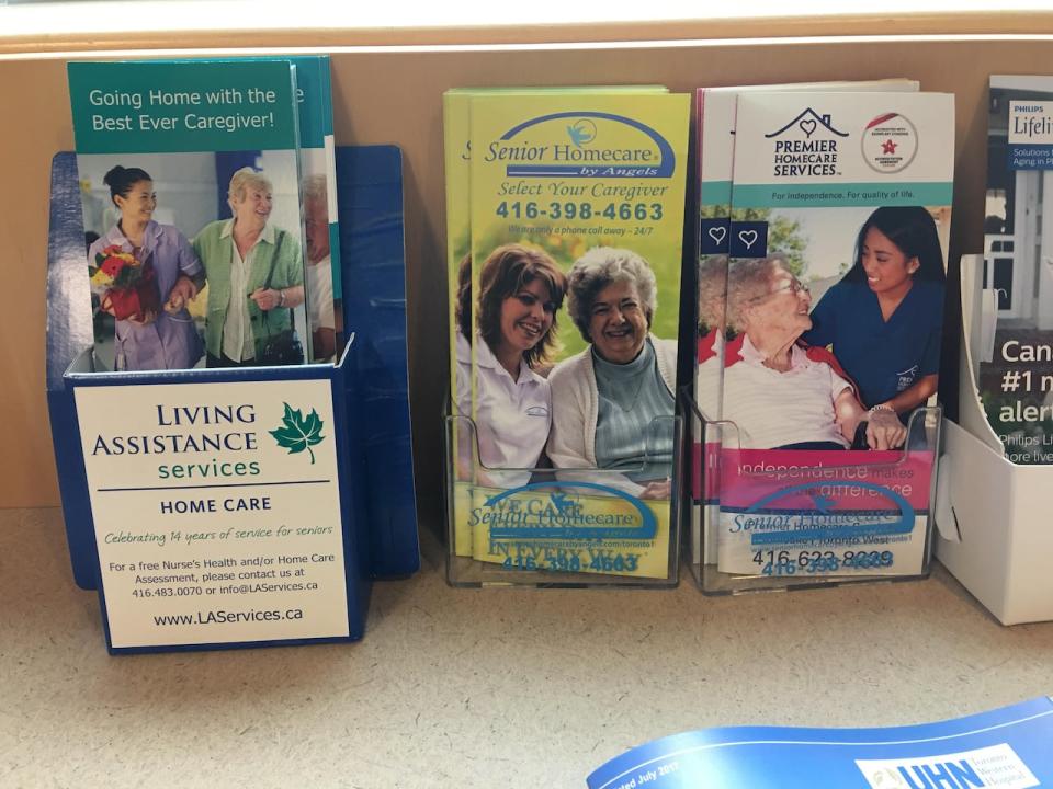 Brochures advertising home care services displayed in a Toronto hospital.