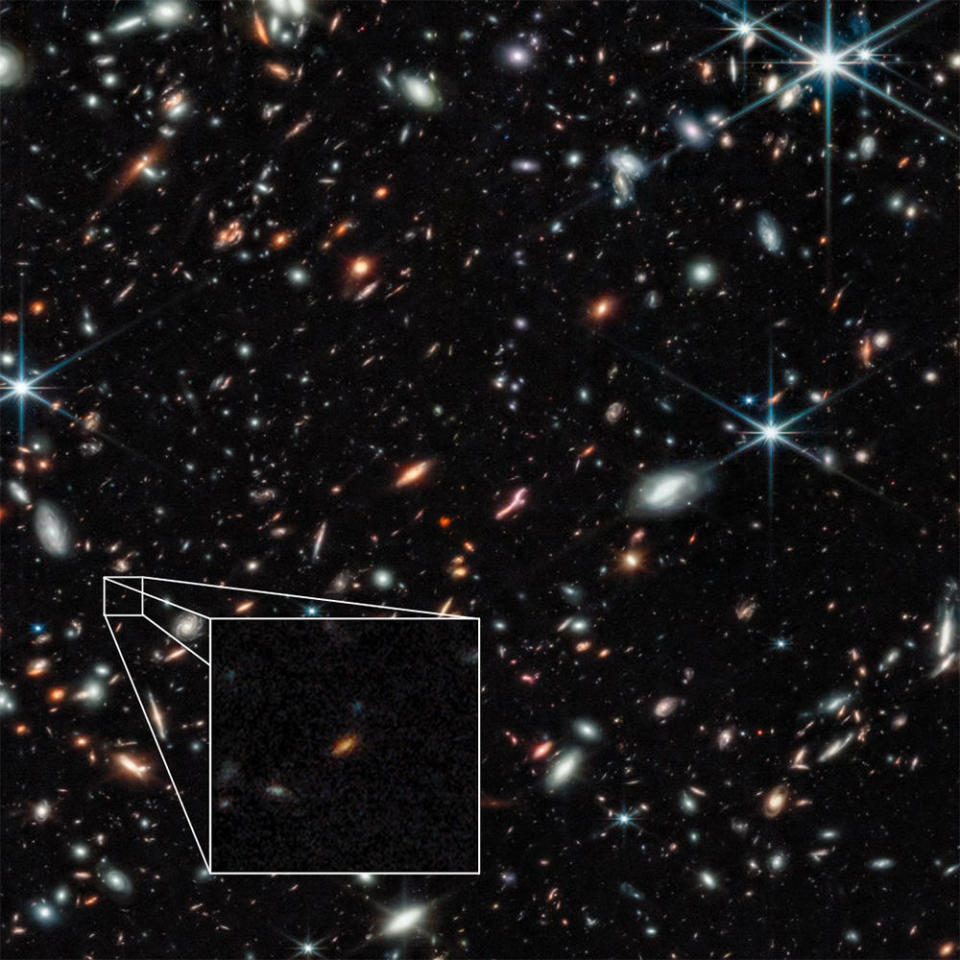 A second galaxy found by Webb dates back to 450 million years after the Big Bang 13.8 billion years ago. Larger galaxies in the image are members of a nearer galaxy cluster. Light from the much more distant galaxies was magnified, or gravitationally lensed, by the huge mass of the intervening cluster. / Credit: NASA, ESA, CSA, Tommaso Treu (UCLA); image processing: Zolt G. Levay (STScI)