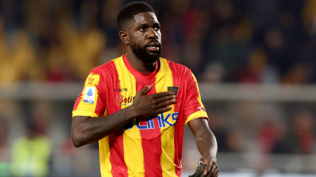 LECCE, ITALY - JANUARY 04: Samuel Umtiti of Lecce celebrates after the Serie A match between US Lecce and SS Lazio at Stadio Via del Mare on January 04, 2023 in Lecce, Italy. (Photo by Maurizio Lagana/Getty Images)