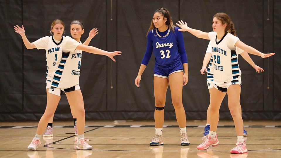 Presidents forward and leading scorer Alyssa Hopps surrounded by a host of Panthers.

The Plymouth South Panthers hosted the Quincy Presidents in girls basketball on Friday Dec. 15, 2023