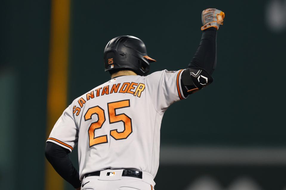 Baltimore Orioles' Anthony Santander rounds the bases on his two-run home run during the seventh inning of a baseball game against the Boston Red Sox, Monday, Sept. 26, 2022, in Boston. (AP Photo/Michael Dwyer)