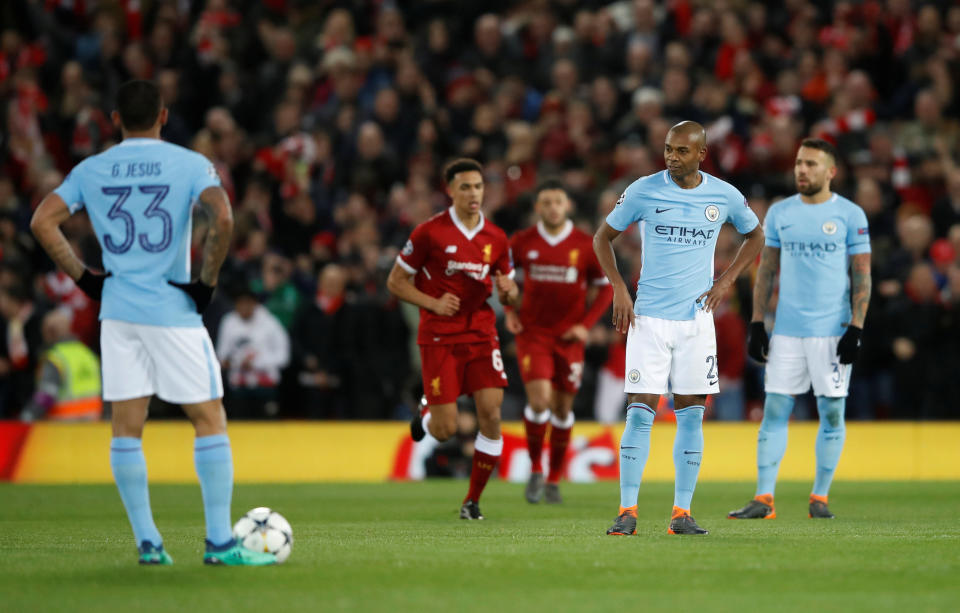 <p>Soccer Football – Champions League Quarter Final First Leg – Liverpool vs Manchester City – Anfield, Liverpool, Britain – April 4, 2018 Manchester City’s Fernandinho looks dejected after Liverpool’s Mohamed Salah (not pictured) scored their first goal Action Images via Reuters/Carl Recine </p>