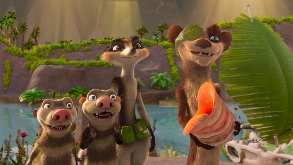 Possum brothers Crash (from left, voiced by Vincent Tong) and Eddie (Aaron Harris) meet Zee (Justina Machado) and Buck (Simon Pegg) in the animated "The Ice Age Adventures of Buck Wild."