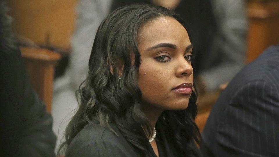 Shayanna Jenkins, fiancee of former New England Patriots tight end Aaron Hernandez, sits in the courtroom at Hernandez's double murder trial at Suffolk Superior Court on Tuesday, March 28, 2017.  (Nancy Lane/The Boston Herald via AP, Pool)