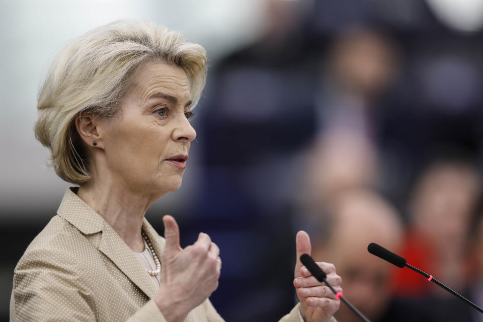 European Commission President Ursula von der Leyen delivers her speech on security and defense at the European Parliament in Strasbourg, eastern France, Wednesday, Feb. 28, 2024. A top European Union official called on Wednesday for a new defense industry strategy to respond to security challenges posed by Russia’s war on Ukraine with the purchase of weapons and ammunition made in Europe at its heart. “European sovereignty is about taking responsibility ourselves for what is vital, and even existential, for us,” Von der Leyen said. (AP Photo/Jean-Francois Badias)