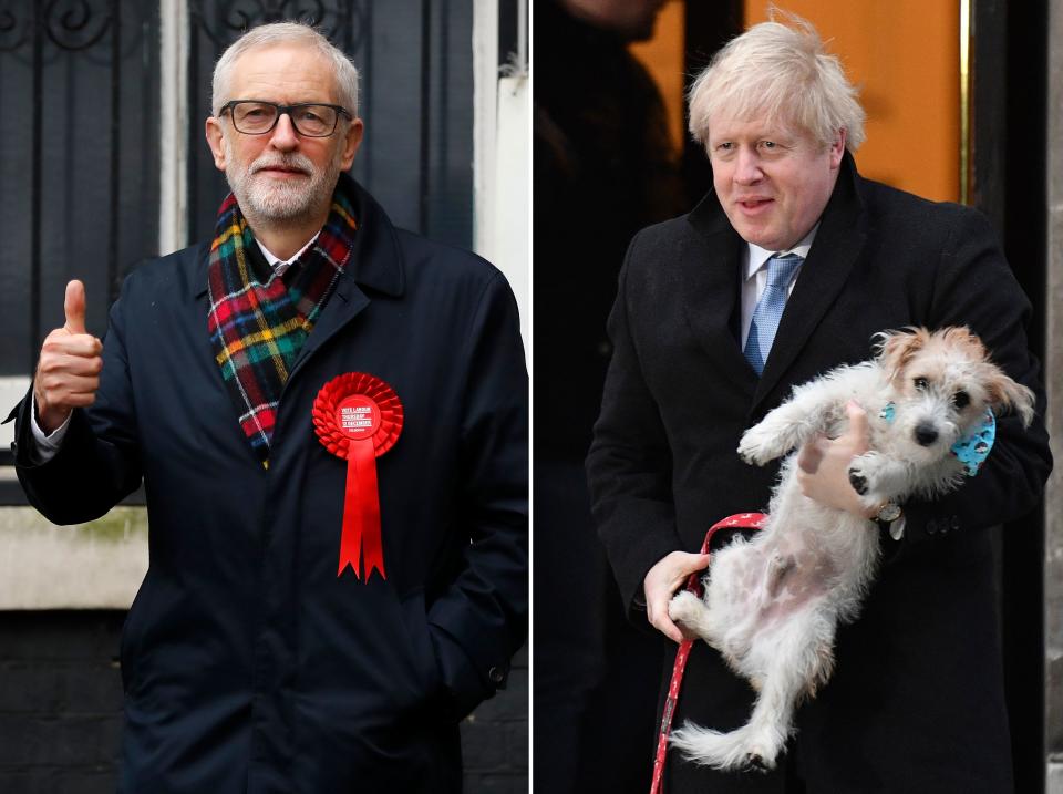 In this combination of photos created on December 12, 2019, Britain's Prime Minister Boris Johnson and his dog Dilyn (top), and Britain's Labour Party leader Jeremy Corbyn, are are seen as they attend Polling Stations to cast their ballot papers and vote on December 12, 2019, as Britain holds a general election. Photo: TOLGA AKMEN,DANIEL LEAL-OLIVAS/AFP via Getty Images