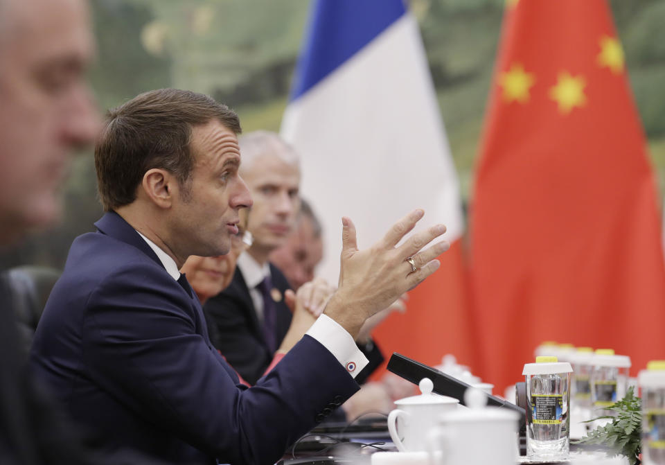 French President Emmanuel Macron speaks during a meeting with Chinese Premier Li Keqiang (not pictured) at the Great Hall of the People in Beijing, Wednesday, Nov 6, 2019. (Jason Lee/Pool Photo via AP)