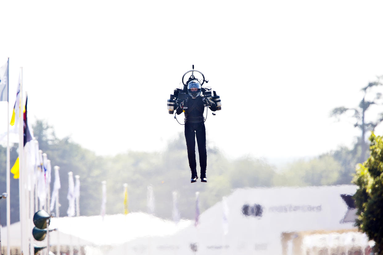 CHICHESTER, ENGLAND - 14th July: David Mayman, (Company Founder of  'Jetpack Aviation in California), flies up the Goodwood Hill displaying his JB11 JetPack  at Goodwood on July 14, 2018 in Chichester, England. (Photo by Michael Cole/Corbis via Getty Images)