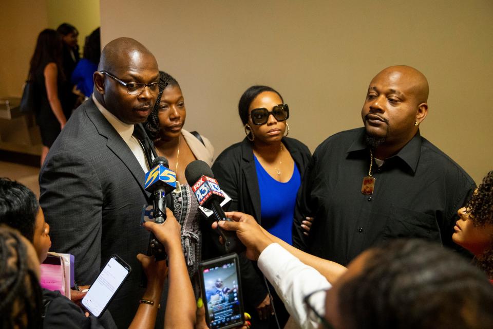 Memphis activist Kareem Ali introduces Keyana Dixon, Tyre Nichols’ sister, Latoya Yizar, the god sister of Nichols, and Jamal Dupree, Nichols’ brother, before they speak to the press after the five former Memphis Police Department officers charged with the killing of Tyre Nichols made a court appearance at Shelby County Criminal Court in Memphis, Tenn., on Friday, June 23, 2023. This was the first time the three of them had seen the five officers in person.